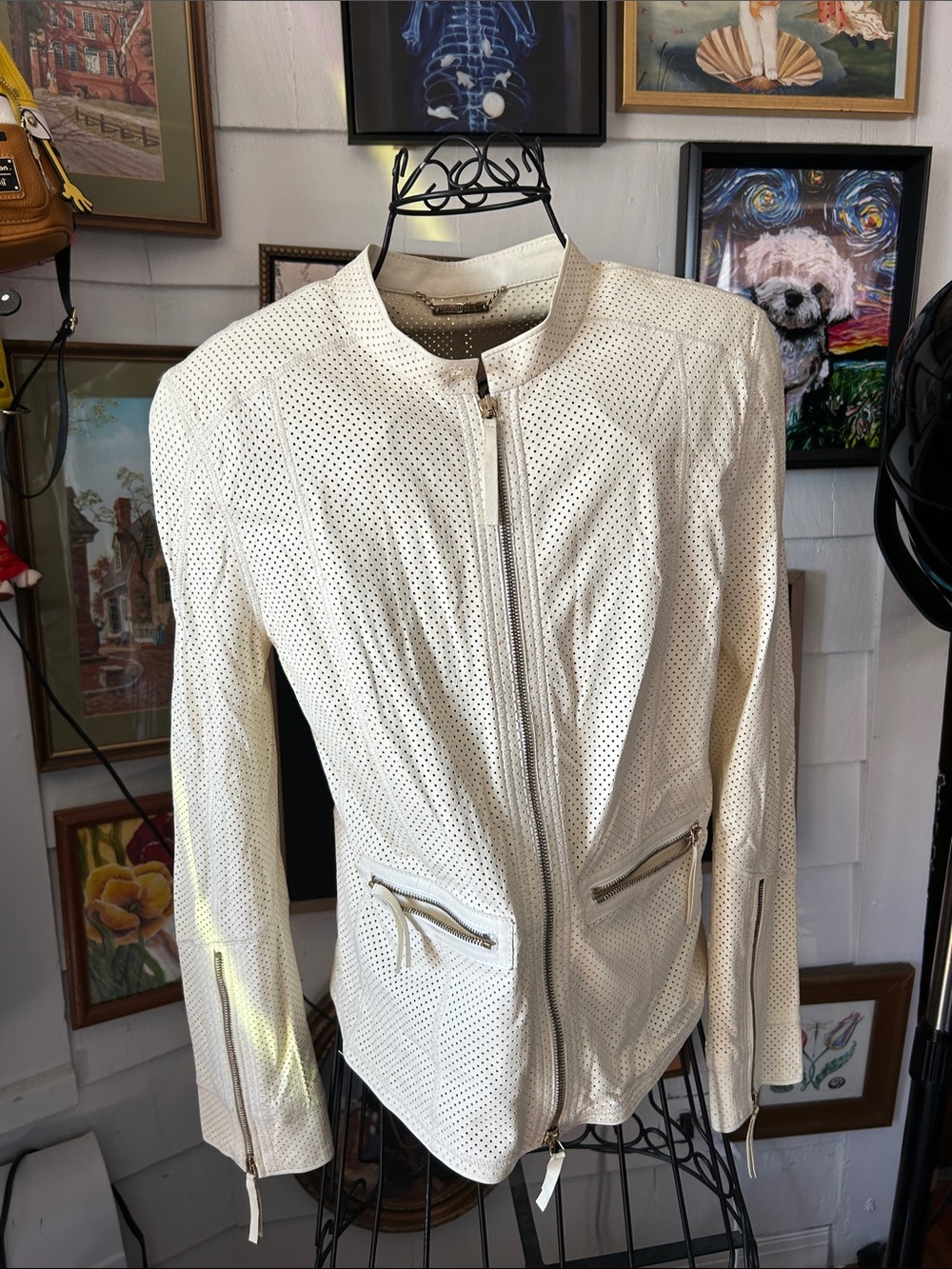 Roberto Cavalli Cream Perforated Leather Zip Jacket